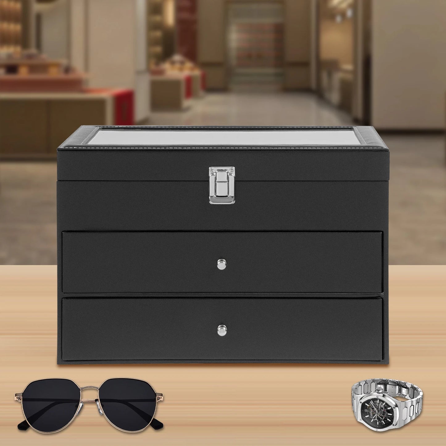 Glasses and Watch Organizer Box, Black Faux Leather 12-Watch Box and 12-Glasses Storage Jewelry Case with Drawer and Lock