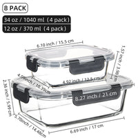 8-Piece Glass Food Storage Containers Set, BPA-Free, Leakproof, Microwave & Oven Safe, 6 Sizes, Borosilicate Glass Lock Lid