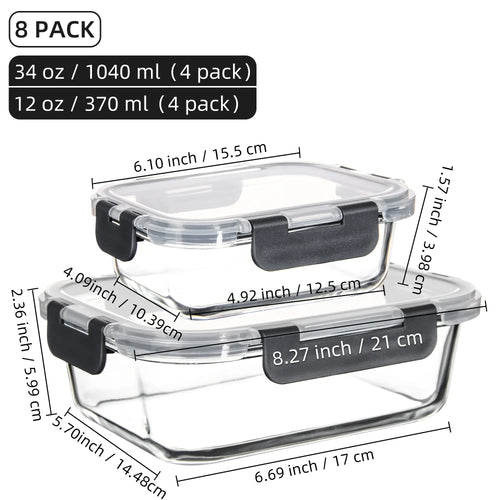 8-Piece Glass Food Storage Containers Set, BPA-Free, Leakproof, Microwave & Oven Safe, 6 Sizes, Borosilicate Glass Lock Lid