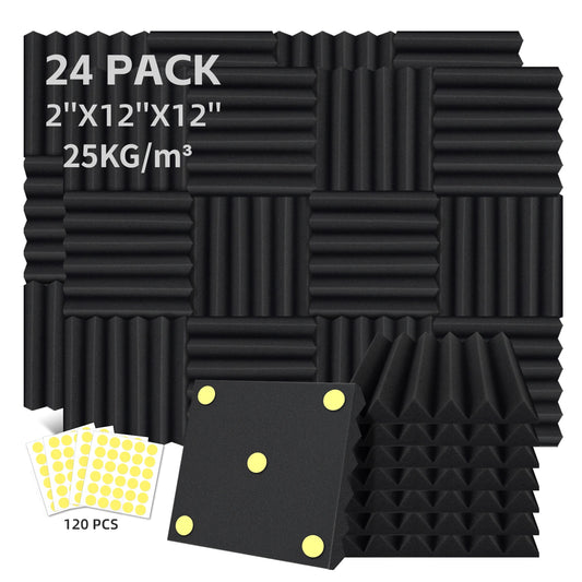 24 Packs Acoustic Foam Panels 2" X 12" X 12" Soundproofing Foam 25kg/m³ Noise Cancelling Foam with 120 PCS Double-Side adhesive