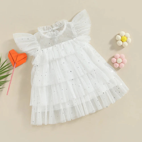 2023-02-20 Lioraitiin 0-4Years Toddler Kids Girls Dress Stars Moon Sequins Fly Sleeve Princess Dress Ruffles Tulle Dress