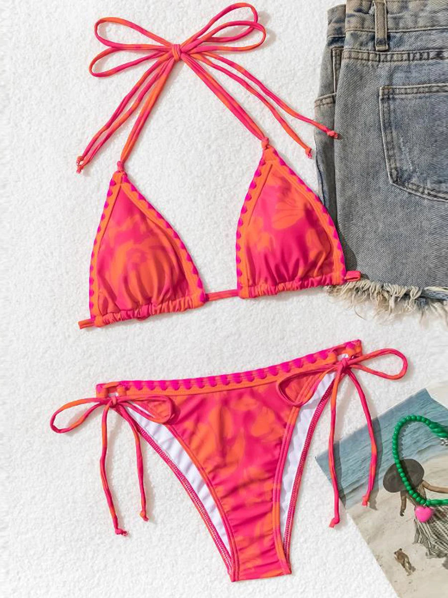 Women s Floral Print High Waist Bikini Set with Tie-Up Halter Neck Padded Bra and Cheeky Thong Bottoms for Beach Vacation