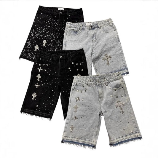 Retro Gothic Y2k Sweatpants Oversized Iron Diamond Pattern Denim Shorts for Men Hip Hop Punk Low Waist Gym Shorts Streetwear