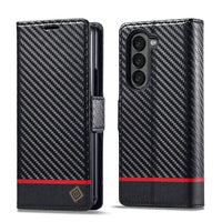 PU Carbon Fiber Leather Wallet Phone Case For Samsung Galaxy Z Fold 6 5 4 3 Magnetic Flip Book Holder Cover For Galaxy Z Fold6