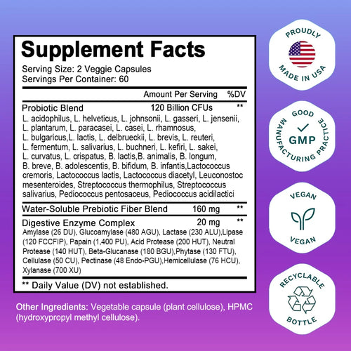 Probiotic Supplement, 120 Billion CFU, with Prebiotics and Digestive Enzymes to Support Gut Digestion and Immune Health