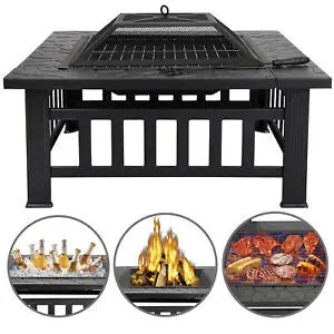32" Metal Firepit Patio Backyard Garden Square Stove Cover Fire Pit Heat Brazier