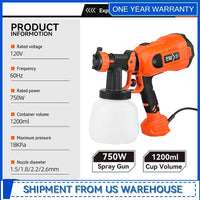 750W Paint Sprayer High Power HVLP Electric Spray Gun with 1200ml Easy Spraying and Cleaning for Home Painting By Prostormer