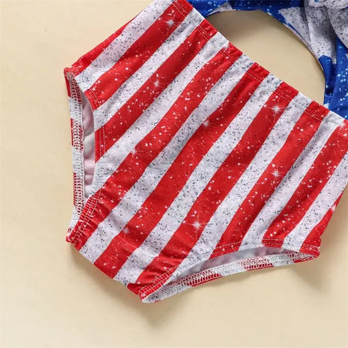 Youthful Girl s Patriotic  Swimsuit Sleeveless V Neck Cutout Beach Pool Swimwear Romper for 4th of July Celebrations