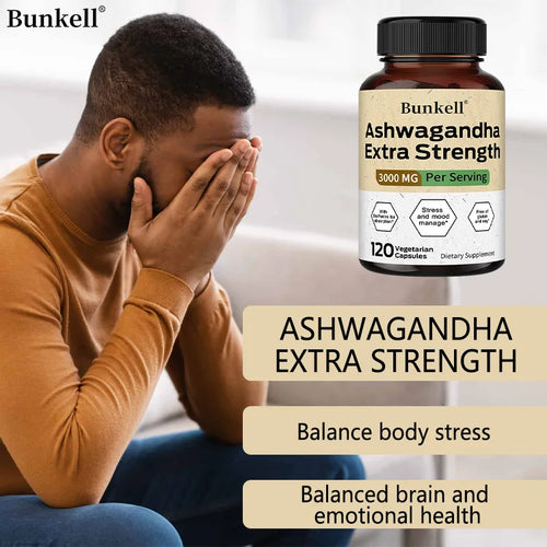 Ashwagandha 3000 mg, Black Pepper Extract, helps balance stress and manage mood, improves sleep quality