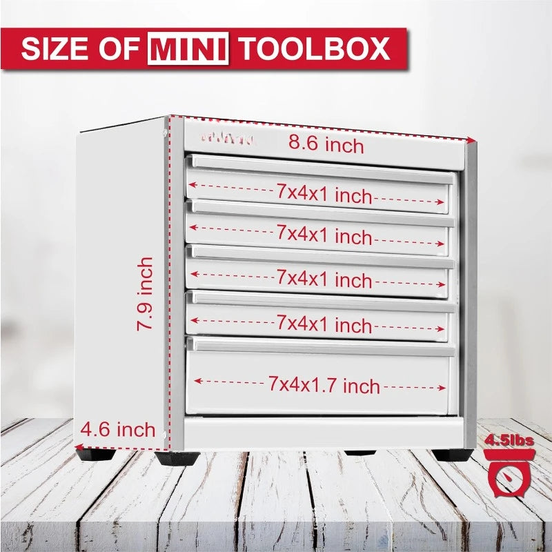 Mini White Tool Box, Portable 5-Drawer Micro Roll Cab Steel Stackable Tool Box with Liner, White Small Tool Case