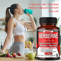 Woman drinking from a shaker bottle next to Daitea's Berberine supplement for immune support and health.