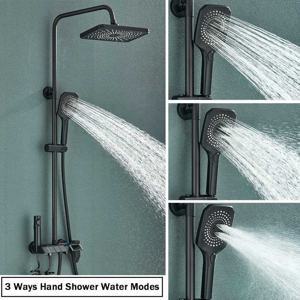 Rozin Black Smart Digital Display Shower Faucet Set Piano Style Rainlfall Bathroom System Grey Digital Mixer Tap Bidet Shower