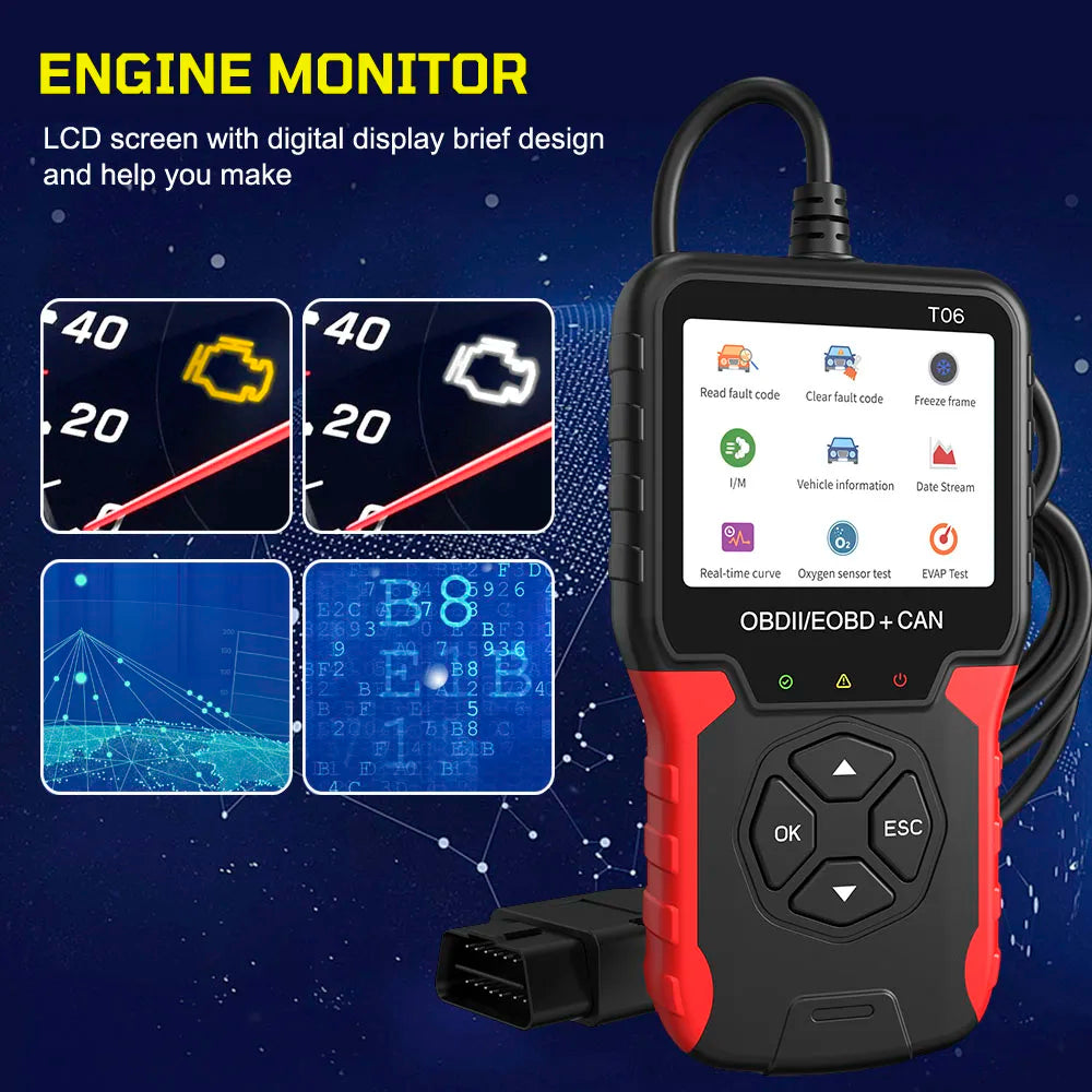 Battery Tester Auto Accessories Code Reader T06 Multi-language Support OBD2 Scanner Check Engine System Car Diagnostic Tool
