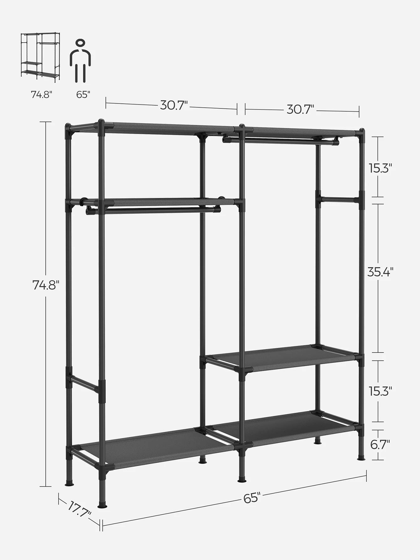 SONGMICS 74.8" H Garment Rack, Clothing Rack, Portable Closet Wardrobe With Hanging Rails And Shelves, Total Load 242 Lb, Eas