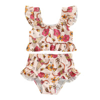 2022-12-09 Lioraitiin 0-3Years Toddler Baby Girl 2Pcs Bikini Set Flower/Bull Head Print Fly Sleeve Vest Briefs Bathing Swimsuit