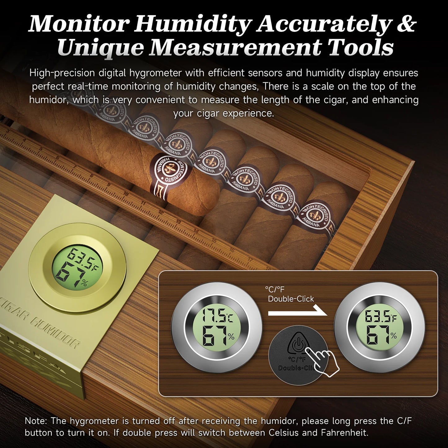 Cigar Box Humidor with Hygrometer and Humidifier, Cedar Wooden Case with Drawer, Divider, Length Gauge, Desktop Humidor Box Gift