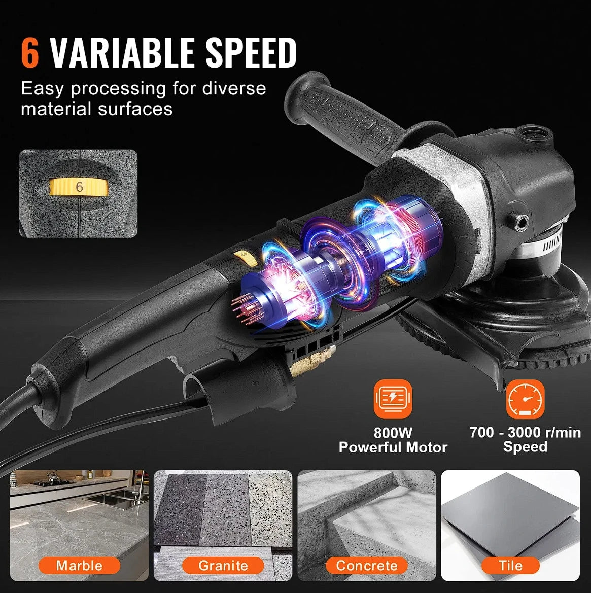 VEVOR Wet Stone Polisher 4-Inch 800W Electric Concrete Polisher 6 Speed 7 Pads