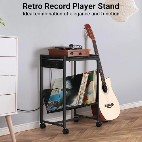 Record Player Stand with Vinyl Storage Side Table with Charging Station, 2 Tier with wheels Record Player Table for Living Room