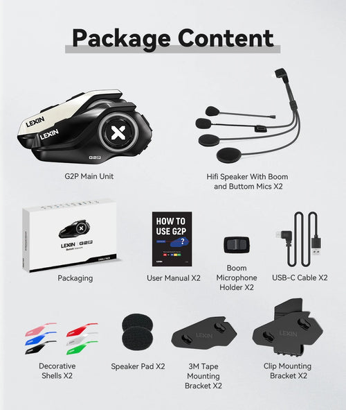 New Lexin G2 Motorcycle Intercom Helmet Bluetooth Headsets,Handsfree Communicator Up to 6 Riders Interphone with FM Radio