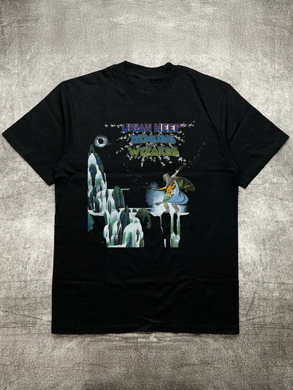 Men's Heat Transfer Print Cotton Round Neck Short Sleeve T-Shirt - Fantasy Theme Band Elements Design, Black 200g