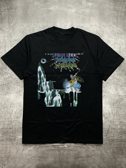 Men's Heat Transfer Print Cotton Round Neck Short Sleeve T-Shirt - Fantasy Theme Band Elements Design, Black 200g