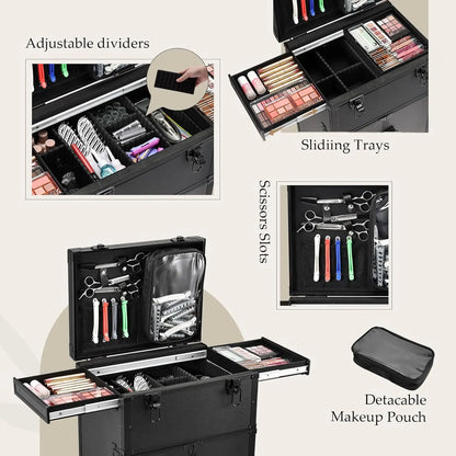 Professional Rolling Makeup Case 4 Drawers  Artist Cosmetic Train Case Hairstylist Travel Case Portable Station