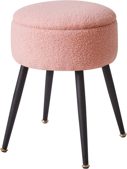 Vanity Stool, Pink Vanity Chair with Storage, Foot Stools Ottoman Small, Soft Faux Teddy Fur Stool with 4 Metal Legs