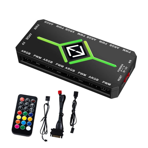 1 To 9 3 in 1 5V 3 Pin ARGB Controller Cooling Fan Hub w/ Remote 4 Pin PWM Magnetic Suction Hub SATA Powered for PC Case