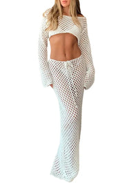 Women s Boho Style Crochet Bikini Cover Up Set Off Shoulder Knit Crop Top with Matching Long Skirt for Beachwear and Pool
