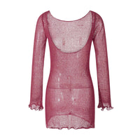 Women Bikini Cover-Ups Solid Color See-Through Long Sleeve Backless Beach Knitted Mini Dress Swimwear Sunscreen Blouse