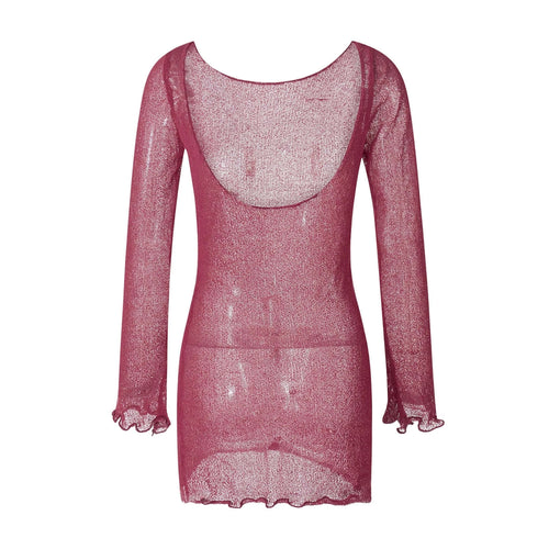 Women Bikini Cover-Ups Solid Color See-Through Long Sleeve Backless Beach Knitted Mini Dress Swimwear Sunscreen Blouse
