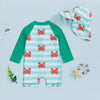 Children s Boys Long Sleeve Swimwear Set with Crab and Stripe Print Zipper Rash Guard Swimsuit Matching Hat Beachwear