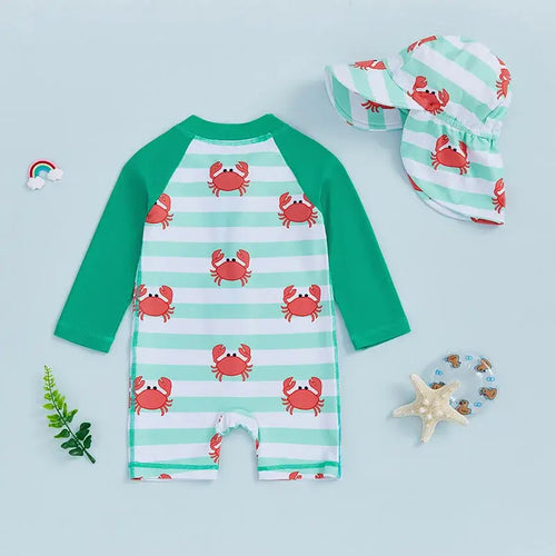 Children s Boys Long Sleeve Swimwear Set with Crab and Stripe Print Zipper Rash Guard Swimsuit Matching Hat Beachwear