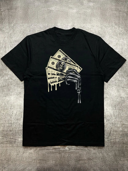 Men's Heat Transfer Print Cotton Round Neck Short Sleeve T-Shirt - Skeleton Hand Money Drip Design, Black 200g