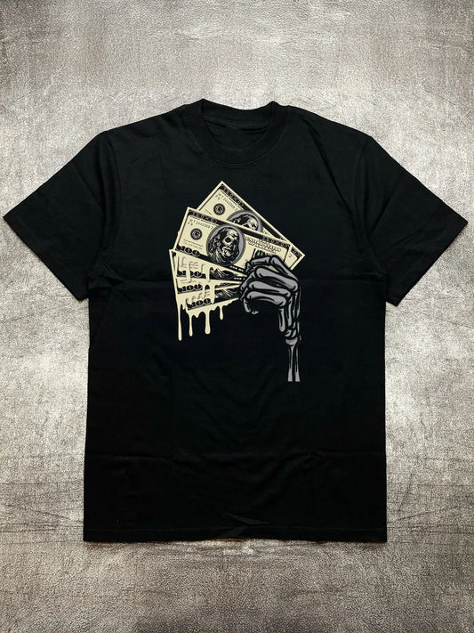 Men's Heat Transfer Print Cotton Round Neck Short Sleeve T-Shirt - Skeleton Hand Money Drip Design, Black 200g