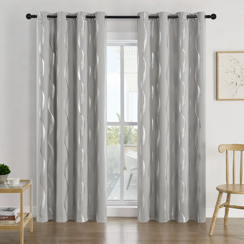 4Pcs Blackout Curtains Grommet Thermal Insulated Room Darkening  With Wave Foil Printed For Bedroom