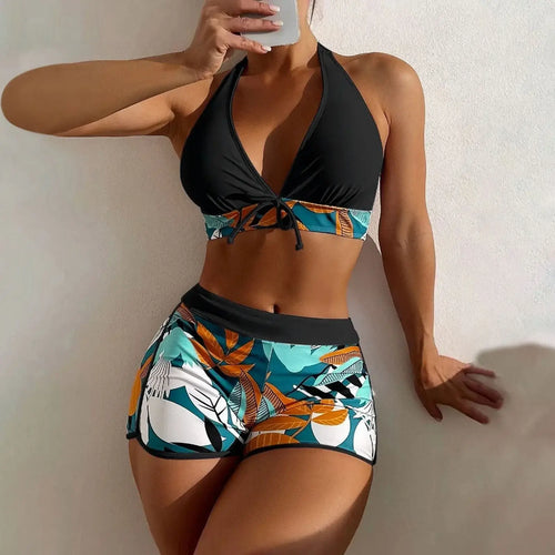 Shorts Bikinis Set  High Waist Swimsuit Women Swimwear 2 Pieces Plant Print Bathers Bathing Swim Suit Beachwear
