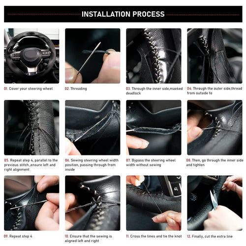 14.5" to 15" Steering Wheel Cover with Needle Thread DIY Hand Stitching Genuine Cowhide Leather Punched Breathable Car Styling