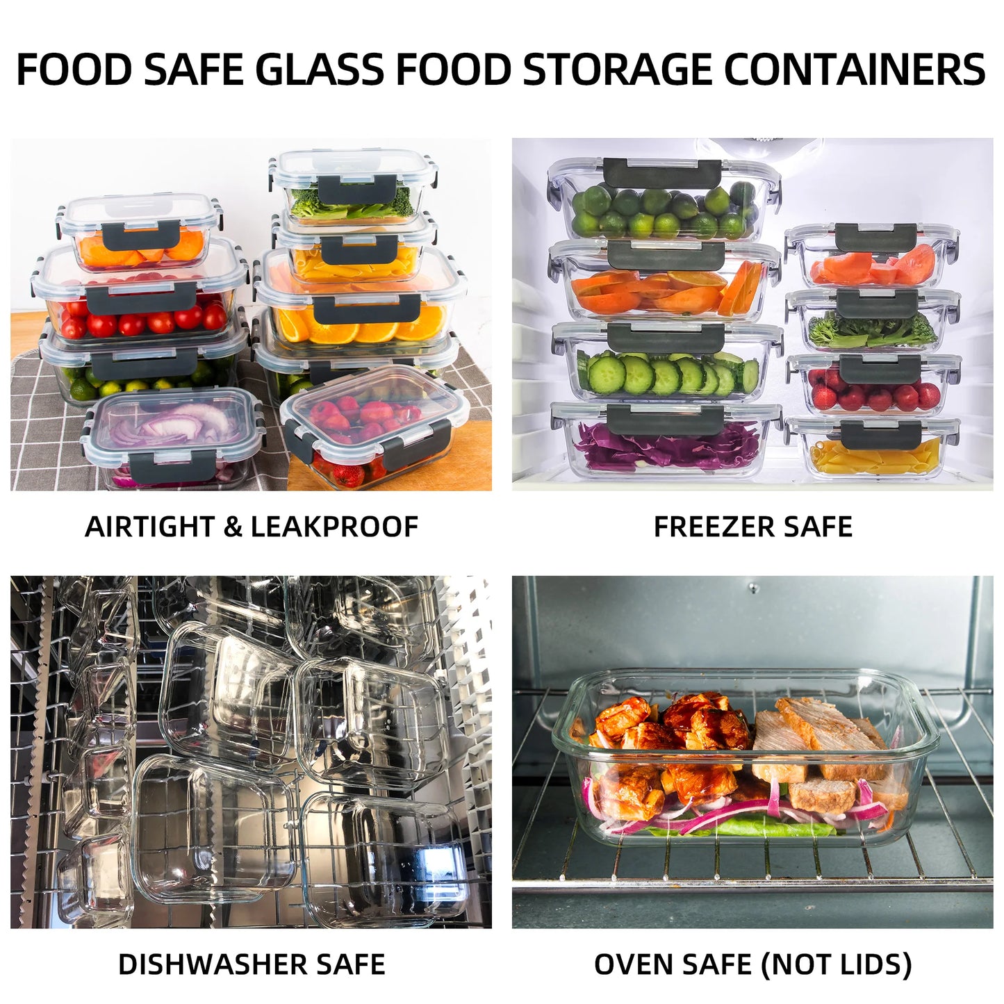 8-Piece Glass Food Storage Containers Set, BPA-Free, Leakproof, Microwave & Oven Safe, 6 Sizes, Borosilicate Glass Lock Lid