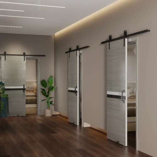 32" x 84" Melamine Integrated Door Slab + 6.6FT Sliding Track Kit + Adjustable Floor Guider + Pull Handle, Modern Interior Door