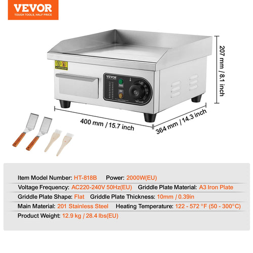 VEVOR Electric Countertop Griddle 14"-22" Teppanyaki Grill 1600W/3200W Stainless Steel Flat Top Grills for Pancake Chicken