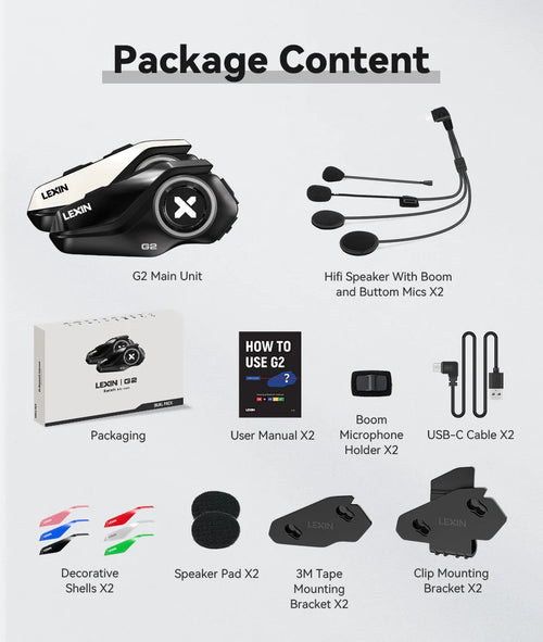 New Lexin G2 Motorcycle Intercom Helmet Bluetooth Headsets,Handsfree Communicator Up to 6 Riders Interphone with FM Radio