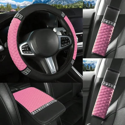 10pcs Sparkling Faux Diamond PU Leather Car Accessories Set Including Steering Wheel Cover, Center Console Armrest Pad