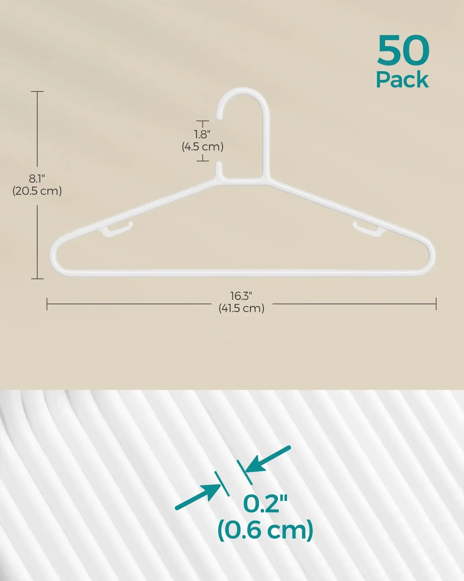 SONGMICS 50 pack plastic hangers showing dimensions 0.2" thin, ideal for maximizing closet space.