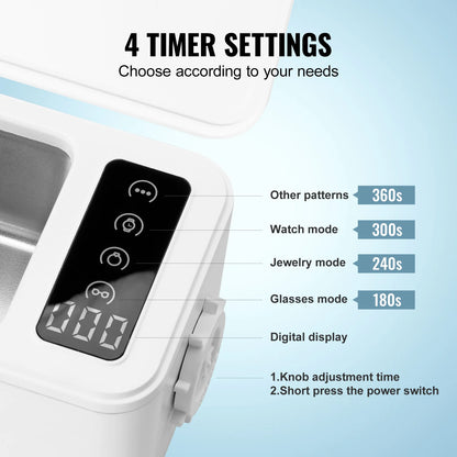 VEVOR 200/450/650ml Portable Ultrasonic Cleaner Machine with 4 Timer Modes Cleaning Basket for Eyeglasses Watches Dentures Rings