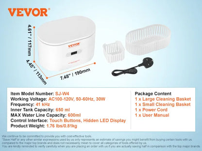 VEVOR 200/450/650ml Portable Ultrasonic Cleaner Machine with 4 Timer Modes Cleaning Basket for Eyeglasses Watches Dentures Rings