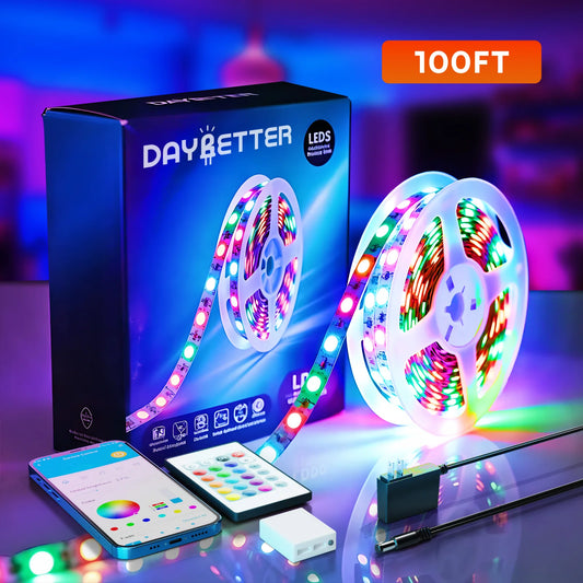 Daybetter Smart Led Indoor Light Strip, Size 100ft, Support App Control Comes with Remote Control, Timed through Program, Rgb Discoloration, Follow Music Rhythm, Suitable for Bedroom, Living Room, Ceiling Decoration.