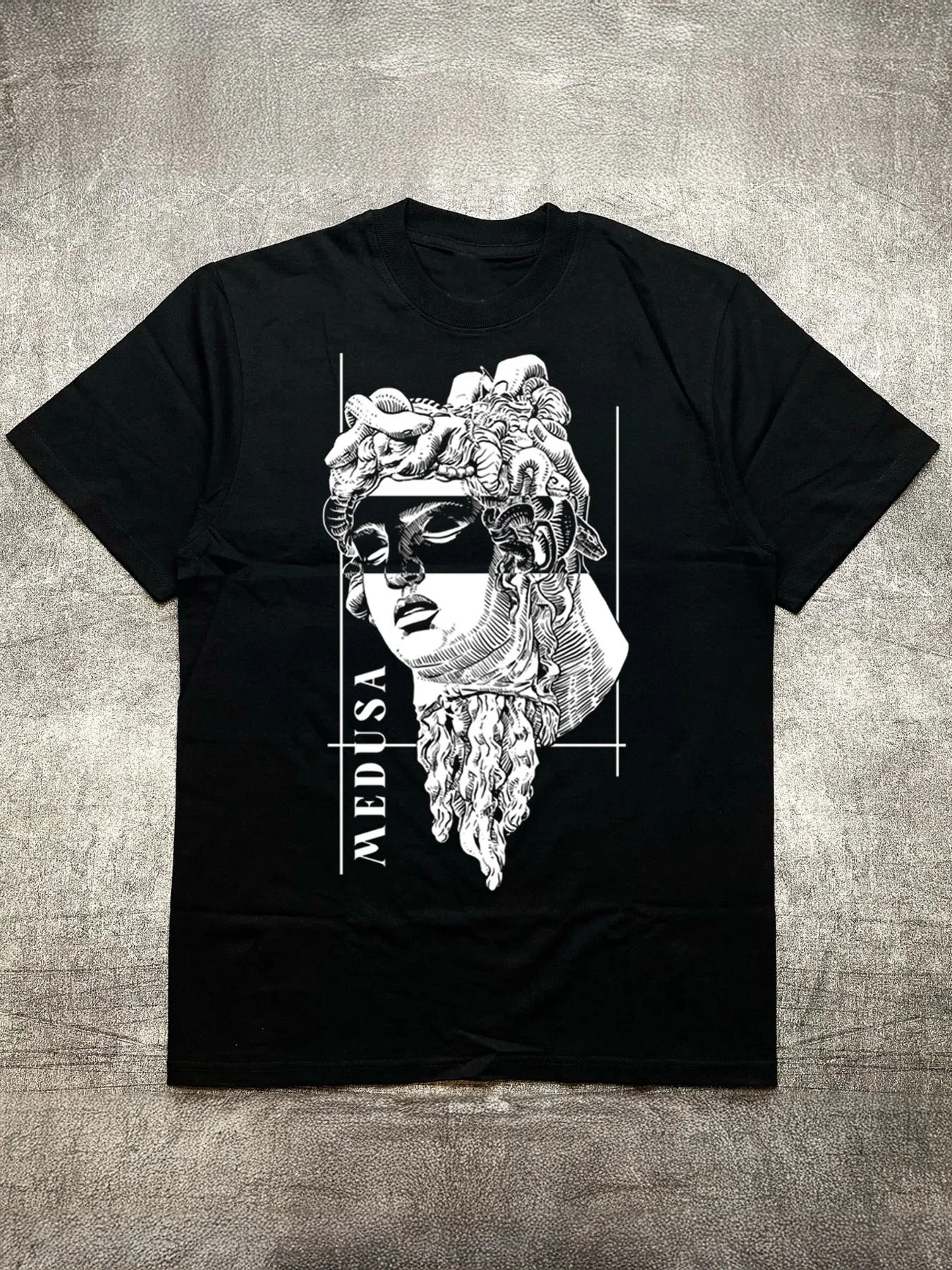 Men's Heat Transfer Print Cotton Round Neck Short Sleeve T-Shirt - Medusa Classic Pattern Design, Black 200g