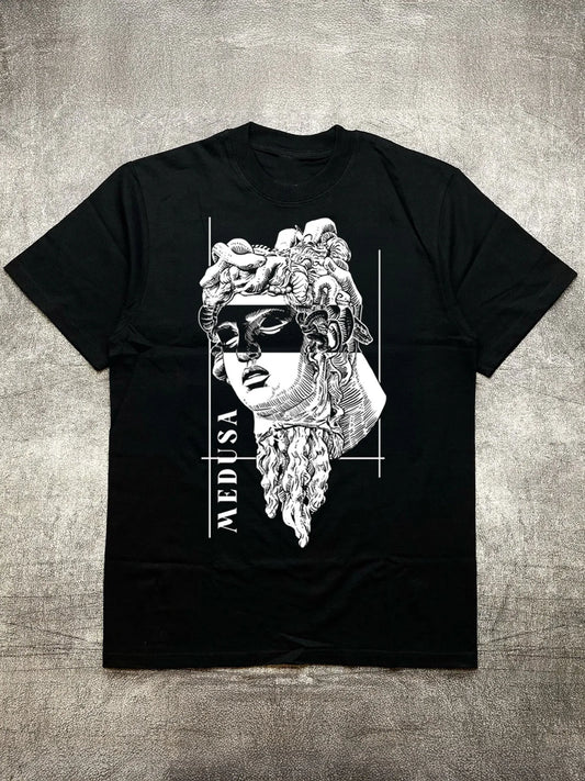 Men's Heat Transfer Print Cotton Round Neck Short Sleeve T-Shirt - Medusa Classic Pattern Design, Black 200g