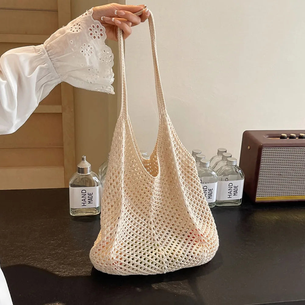 Women Hollow Summer Bag Solid Color Aesthetic Hobo Bag Large Capacity Knitted Tote Handbag Ladies Daily Handbag